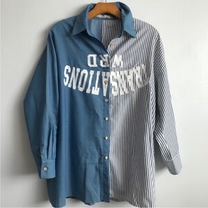 STUDIO 38 LA WOMENS SHIRT BUTTON DOWN COLOR BLOCK BLUE GRAY WHITE SMALL